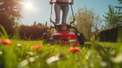 Lawn Mowing in Sunny Backyard - Gardening and Landscaping