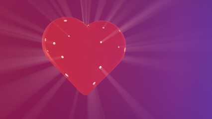 Red heart illuminated from inside and  behind with radiant glow on purple and red gradient background. 3D render.