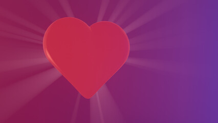 Red heart illuminated from behind with radiant glow on purple and red gradient background. 3D render.