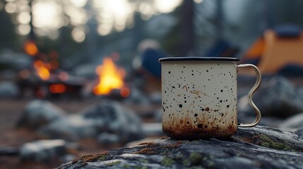  A vintage-inspired enamel camping mug. - obrazy, fototapety, plakaty