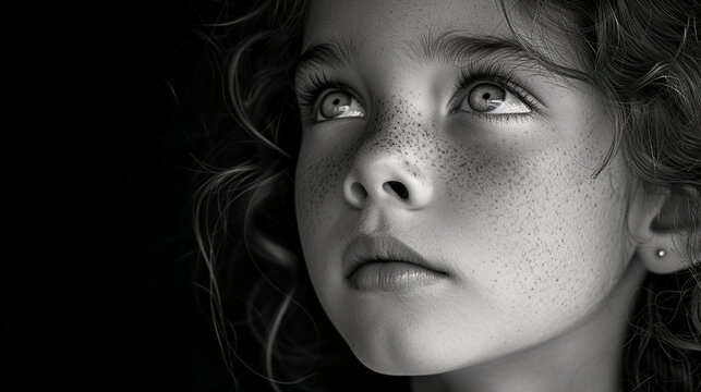 Black and white close-up photo portrait of a beautiful brunette little girl with freckles and a sensual gaze