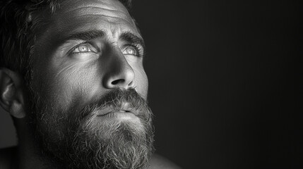Black and white close-up photo portrait of a beautiful middle aged man with beard and a sensual gaze