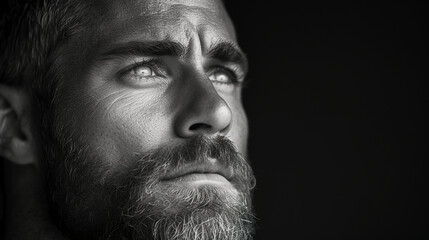 Obraz premium Black and white close-up photo portrait of a beautiful middle aged man with beard and a sensual gaze