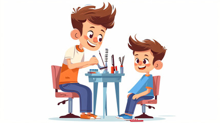 Hairdresser making boy hair style cartoon illustration.