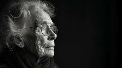 Black and white close-up photo portrait of a beautiful old lady with gray hair and a sensual gaze