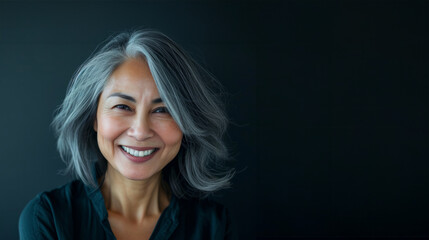 Happy smiling stylish confident 50 years old Asian female professional standing looking at camera at gray background. Portrait of sophisticated grey hair woman advertising products. - obrazy, fototapety, plakaty