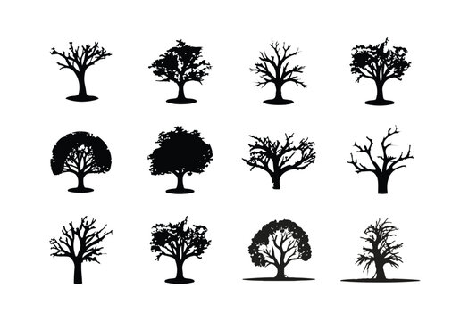 Set of trees silhouette for brush on white background, collection of tree
