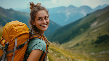 Naklejka premium Smiling Woman With Backpack in the Mountains