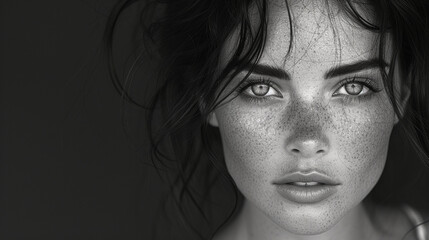 Black and white close-up photo portrait of a beautiful brunette girl with freckles and a sensual gaze