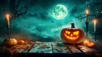 Halloween pumpkin head jack-o'-lantern with burning