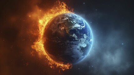Planeta tierra dividido en dos partes, una atmÃ³sfera azul y la otra atmÃ³sfera ardiendo como sÃ­mbolo del cambio climÃ¡tico