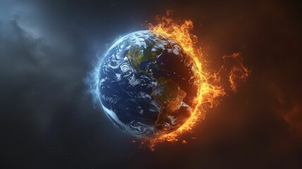 Earth planet divided into two parts, one blue atmosphere and the other burning atmosphere as a symbol of climate change