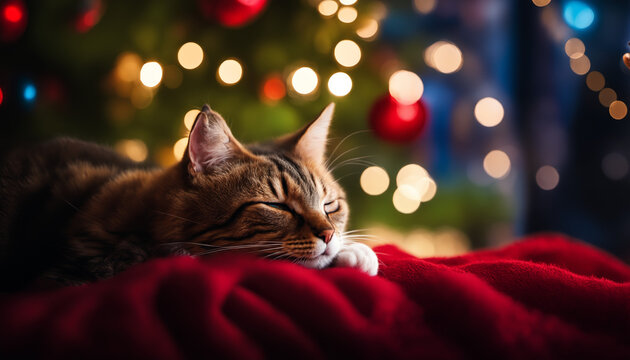 Cat sleeping by the Christmas tree
