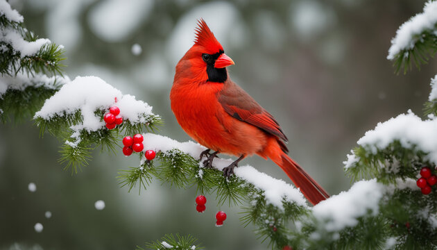 Red cardinal in snow on branch, winter scene