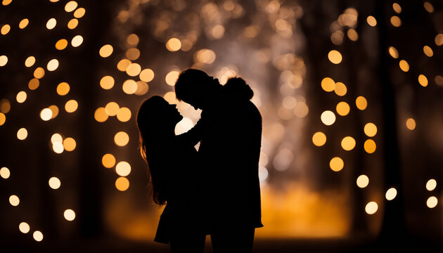 Couple silhouette at night with bokeh lights, romantic couple outdoors. 
