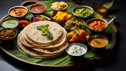 Group of South Indian food like Masala Dosa.