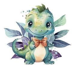 A watercolor of very cute dinosaur, character design, cute dinosaurus theme for nursery, isolated on white 