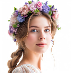 Naklejka premium Beautiful young woman wearing floral headband isolated on white background, ai technology