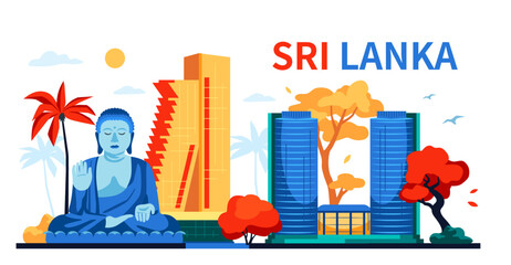 Sights of Sri Lanka - modern colored vector illustration with World Trade Center in Colombo and giant buddha statue. Asian national pride, unesco heritage, antiquity, Buddhism and modern architecture