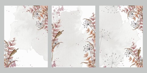 Watercolor set of floral wedding templates in boho style. Hand painted illustration on white background.