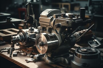 Fototapeta premium Close-up image of a tool post grinder set against the backdrop of a busy industrial workshop, showcasing the intricate details and robust construction