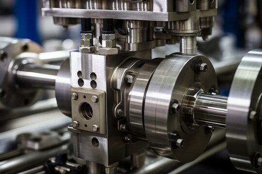 A detailed close-up of a lobe pump in an industrial setting, showcasing its intricate design against a backdrop of machinery and metallic surfaces