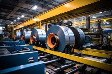 A Slitting Line in Action: The Intricate Dance of Industrial Machinery Against a Backdrop of Steel Coils and Factory Infrastructure