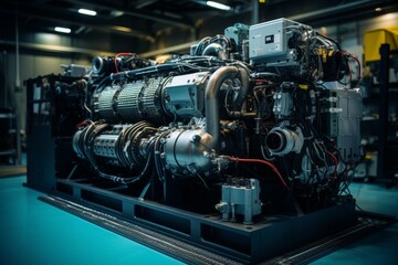 Obraz premium Aircraft Battery Displayed in an Industrial Setting with a Background of Complex Machinery and Intricate Wiring Systems