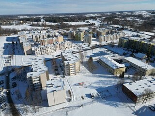 Zarasai, Lithuania - 02-08-2024: A view of the city of Zarasai from a drone flight. Zarasai during winter.