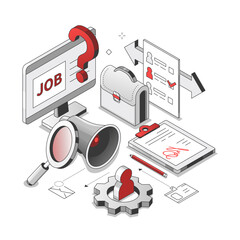 Job search - isometric red and black line illustration. HR and employment idea. Recruitment company website, open vacancy, partnership agreement, qualification, megaphone, candidate profile images