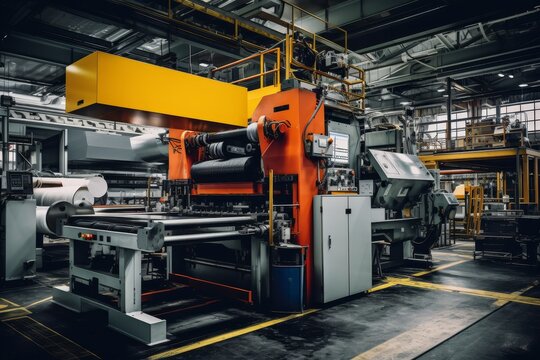 An intricate view of a flexographic print station in an industrial setting, showcasing the complex machinery and vibrant ink colors against a backdrop of steel and concrete