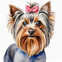 Naklejka premium Watercolor illustration of pure breed Yorkshire Terrier dog.. Colorful painting of domestic animal.