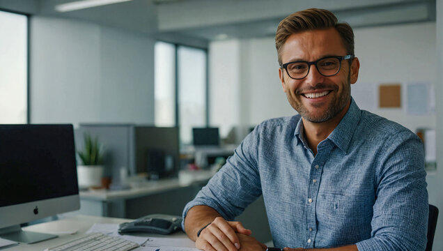 portrait of happy businessman sitting at his desk in a modern office looking at the camera