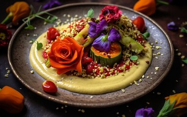 Obraz na płótnie Canvas Plate of Food With Flowers