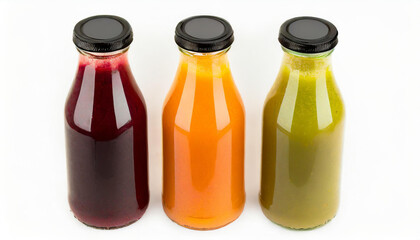 Three bottles of natural vegetable or fruit juices with black caps without labels isolated on a white background.generative ai