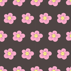 Cute seamless pattern with pink kawaii flowers on black background. Vector illustration in Korean, Japanese style for prints and printing