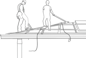 One continuous line sketch: Workers applying waterproofing material on a flat roof, roofing work, waterproofing application, flat roof construction, roofing materials, construction waterproofing