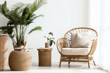 Neutral living room with rattan armchair, tropical plants, decoration and elegant accessories in stylish home decor. Generative AI - obrazy, fototapety, plakaty