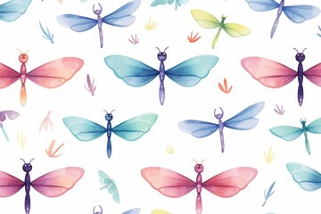 colorful, watercolor pattern of butterflies and dragonflies on a white background