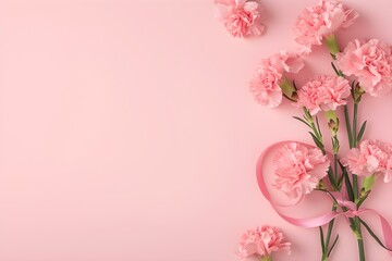 Design Concept of Mother's Day Holiday Greeting With Carnation Bouquet on Pink Table Background.