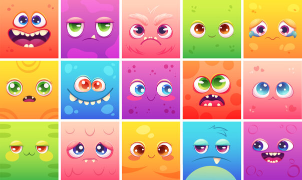 Set of square faces of space monsters. Monsters of emotion, scary alien faces. Vector illustration of space and galactic adventures for children