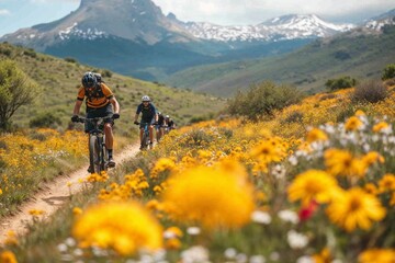Fototapeta na wymiar Mountain biking adventure among spring wildflowers with scenic views