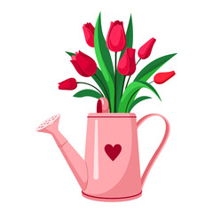 Bouquet of tulips in a pink watering can with a heart