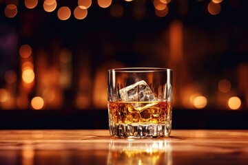 colorful background of whiskey with ice, on the table