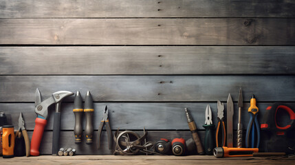 Hand tools on grey wooden background. 3D illustration.