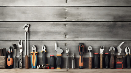 Hand tools on grey wooden background. 3D illustration.