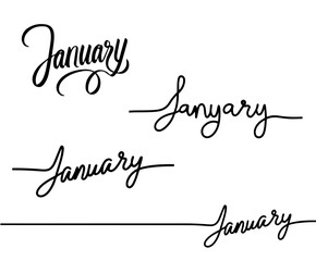Continuous One Line Drawing Of January text. Hand written. Banner.Vector illustration as logotype, icon, card. Summer postcard, invitation, flyer. 