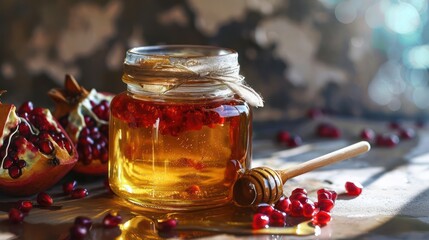 honey and the unique flavor of pomegranates in a glass jar, with a wooden spoon dipper, symbolizing a perfect fusion of exotic tastes