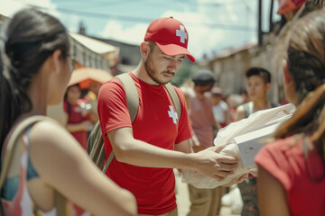 volunteers in red cross shirt giving humanitarian aid to the victims