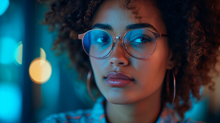 retrato de una preciosa mujer joven negra, de pelo rizado y labios rojos y con gafas. Fondo difuminado